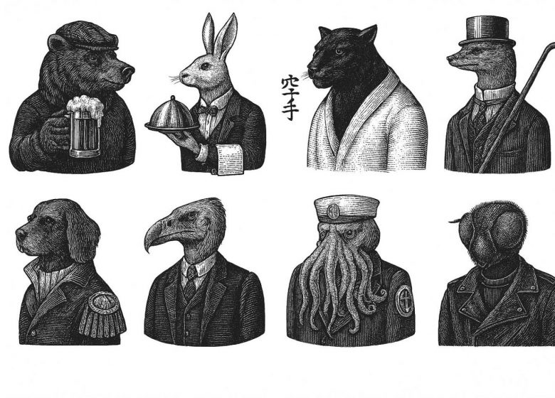20250407_1717_Anthropomorphic Animals Black & White_remix_01jr8d7g09fqnapc40t5205g5n